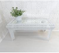 White Embossed Metal Mirrored Glass Coffee Table - Agadir Range Downton Interiors White Large