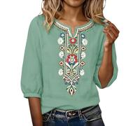 White Embroidered Blouse Vintage Hippie Boho Embroidered Shirt Loose Fit Summer 3/4 Sleeve Fall Long Sleeve Tunic Blouse Casual Crewneck Floral Pattern Beach Holiday Blouses Green Style#1 XXL