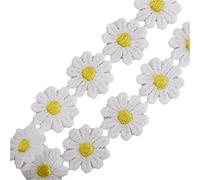 White Embroidered Daisy Lace Fabric 3D Flowers, Yellow Flower Handmade Beautiful DIY Craft Decor(D)