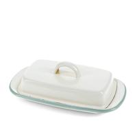Argon Tableware Enamel Butter Dish with Lid - 18.5x10cm - Blue Rim - White Enamel Vintage Kitchen Butter Dish Fridge Cheese Storage Container for Butter, Cheese, Margarine