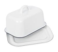Argon Tableware Enamel Butter Dish with Lid - 18.5x10cm - Blue Rim - White Enamel Vintage Kitchen Butter Dish Fridge Cheese Storage Container for Butter, Cheese, Margarine