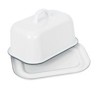 Argon Tableware Enamel Butter Dish with Lid - 18.5x10cm - Green Rim - White Enamel Vintage Kitchen Butter Dish Fridge Cheese Storage Container for Butter, Cheese, Margarine