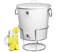 White Enamel Drinks Dispenser with Stand & Tap, 17.5L Retro Metal Beverage Dispenser for Parties, BBQs & Events, Large Cold Drinks Bucket with Lid for Juice, Punch & Cocktails