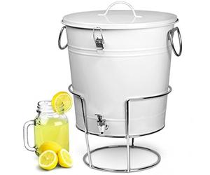 White Enamel Drinks Dispenser with Stand & Tap, 17.5L Retro Metal Beverage Dispenser for Parties, BBQs & Events, Large Cold Drinks Bucket with Lid for Juice, Punch & Cocktails