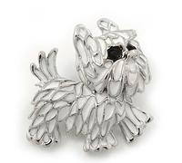 White Enamel Yorkie Puppy Dog Brooch In Rhodium Plating - 4cm Length
