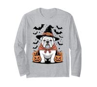 White English Bulldog Witch Hat Pumpkins Spooky Halloween Long Sleeve T-Shirt