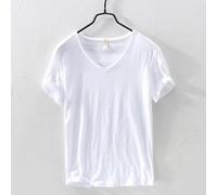 (white, EU M 60-70kg) New Slim Fit Slub Cotton Pure Color V Collar Short Sleeved Tops Tees Men T-Shirt Multi-color Man T-Shirts Fitness