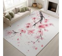 White Fade Resistant Rugs Minimalist Watercolour Oriental Pink Cherry Blossoms Wall Branches Durable Rugs Elegant Delicate Botanical Romantic Rug 100 x 150 cm Non-Slip for Bedroom Living Room