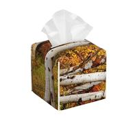 White Fall Birch Trees with Autumn Leaves Growth Wilderness Ecology Calm View Square Leather Tissue Box Cover - Premium Decorative Organizer for Bathroom Vanity, Nightstand & Countertop