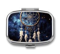 White Fantasy Dream Catcher Pill Box 2 Compartment - Small Metal Medicine Organizer Portable Pill Case for Purse Pocket Travel Vitamin Organizer for Men Women, BPA-Free