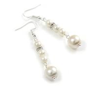 White Faux Pearl Beaded with Crystal Spacer Long Earrings in Silver Tone - 55mm L