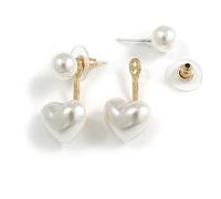 White Faux Pearl Heart Front Back Stud Earrings/25mm Long