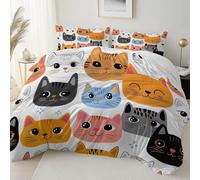 White Feather Bedding Set Closure, Printed Microfiber Quilt Duvet Cover Set with Zipper Super King Size, Comfy Breathable Quilt Cover with Pillowcases Cute Cartoon Kitten