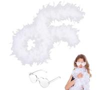 White Feather Boa, 2m/6.6ft 105g Natural Turkey Feather Boas With Heart Sunglasses, Fancy Dress Crafts White Feathers Suitable For Women,Girls,Dancing Wedding Easter Party Cosplay Accessory Home Decor