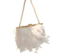 White Feather Crossbody Purse for Women, Pearl Chain Evening Bag with Gold Frame, Elegant Clutch for Weddings, Parties, and Special Occasions