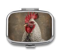 White Feather Rooster Pill Box - 2 Compartment Travel Pill Organizer with Small Mirror, Portable Pillcase for Pocket & Purse, Cute Square Medicine Case, Weekly Medicine Container