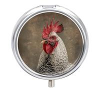 White Feather Rooster Pill Box - 3 Compartment Travel Pill Organizer with Small Mirror, Portable Pillcase for Pocket & Purse, Cute Round Medicine Case, Weekly Medicine Container