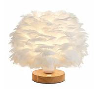 White Feather Table Lamp Bedside Lamp with Wooden Base Feather Table Light Desk Lampshade for Bedroom Lamp, Decorative Lamp, Living Room