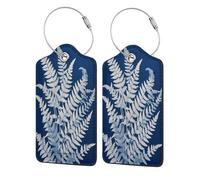 White Fern Leaves Deep Blue Luggage Tag for Suitcase 2 Pack Leather Luggage Tag with Privacy Flap Name Id Label and Metal Loop for Women Men Travel