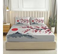 White Fitted Sheet Bedding Set, Ink Wash Plants Mountains Print for Serene Bedroom, Breathable Microfibre, Cooling for Hot Sleepers, Double (53" x 75"), 30cm Deep Fit + 2 Pillowcases