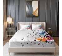 White Fitted Sheet Brushed Microfiber Fade Resistant Breathable, Abstract Artistic Musical Notes Soft Touch Lightweight Durable Fitted Sheet, Queen Size with Deep Pocket 30cm