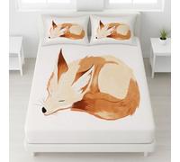 White Fitted Sheet Sleeping Fox Curled Up Bedding Ink Wash Style Cartoon Easy Care Bedding Minimalist Natural Animals Peaceful Fade Resistant 120 x 190 x 30 Boys & Girls