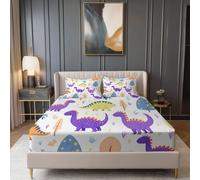 White Fitted Sheets Bedding Sheets, Cartoon Cute Dinosaur Plant Print Double King Single Size Bed for Deep Pocket 30cm - Shrinkage Fade Resistant Easy Care Double