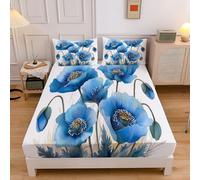 White Fitted Sheets, Countryside Petals Flowers Blue Poppy Single Fitted Sheet, Bed Sheets Extra Deep Pocket 12 inch (30 cm) Microfiber Brushed 90x190cm Bed Sheet with 2 Pillowcases 50×75cm