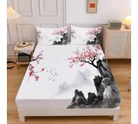 White Fitted Sheets,Japanese Style Flowers Mountains Plum Blossoms Super King Fitted Sheet,Bed Sheets Extra Deep Pocket 12 inch(30 cm)Microfiber Brushed 180x200cm Bed Sheet with 2 Pillowcases 50×75cm