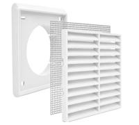 White Fixed Louvred Vent Grille with Flyscreen - External Air Vent Cover with 4" Inch/100mm Round Spigot Connection