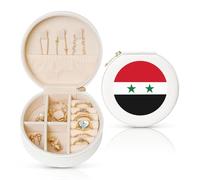 White Flag of the Syrian Arab Republic Print Round Jewelry Box for Women, Travel Jewelry Case with Removable Dividers, for Birthday Gift
