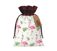 White Flamingo Printing Color Matching Plaid Christmas Bag With Drawstring,4.7x6.9 In For Christmas Halloween