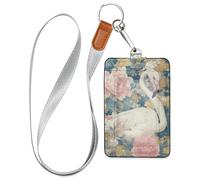 White Flamingos Pink Peonies Vertical id Badge Holder with Lanyard and 3-Card Capacity Card Holder case for Staffs Officers Students Doctors Employees