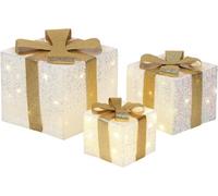 White Flash Cloth Light-Up Gift Boxes, 50 Led Lights, Gold Ribbon, Battery Operated
