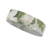 White Floral Green Leaf Sports Sweatband 15" Polyester Hairband Absorbent Quick-Dry Headband for Running, Yoga