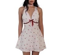 White Floral Halter Dress Sexy Cherry Print V Neck Lace A Line Mini Dress Backless Bow White Mini Dress Y2k Club Dress