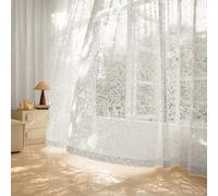 White Floral Lace Net Curtains, Jacquard Privacy Sheer Voiles, 80 inch Drop | Sheer Curtains with Botanical Leaf Pattern, Semi Sheer Panels, Rod Pocket Light Filtering for Living Room Bedroom Cafe Decor