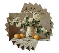 White Floral Lemon Placemats Set of 4, Vintage Oil Painting Pack Place Mat for Table, Spring Summer White Washable Heat-Resistant Place Mat For Kitchen Dining Party Wedding Decor, 45x30cm
