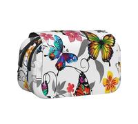 White Floral Pattern Colorful Butterflies art Printed Print Flip Top Double Layer Pencil Case - Large Capacity School Supplies Organizer for Students, Kids, Teens, Artists, Travel & Office Use