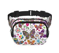 White Floral Pattern Colorful Butterflies print Crossbody Bag Sling Purse for Women, Multi Position Fanny Pack for Women,Small Belt Bag Purse, Black, One Size, Black, One Size