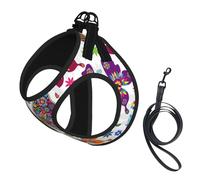 White Floral Pattern Colorful Butterflies Print Small Dog Harness And Leash Set, Adjustable Soft Vest With 360° Reflective Straps For Cats Puppy