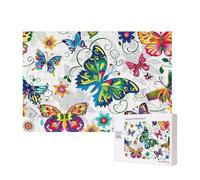 White Floral Pattern Colorful Butterflies Printed 300 Pieces Jigsaw Puzzle with Storage Box, Wooden Puzzle for Adults and Kids, Family Fun Decorative Game, 40x28 CM