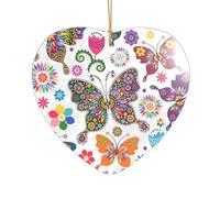 White Floral Pattern Colorful Butterflies Printed Heart Shape Xmas Ornaments 1PCS, Christmas Acrylic Pendant Hanging for Xmas Tree Home Indoor Outdoor Decor 1