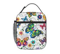 White Floral Pattern Colorful Butterflies Prints Insulated Lunch Tote Bag Lunch Box Reusable Lunch Cooler Bag for Women/Men Work, Picnic, School, Travel
