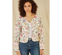 White Floral Print Reversible Cotton Cropped Quilted Jacket Yumi White 12