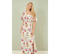 White Floral Recycled Fabric Ruched Waist Midi Dress Yumi Ivory 18