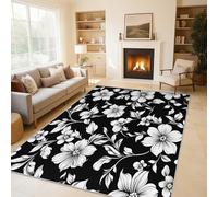 White Floral Rugs for Living Room Bedroom, Black and White Area Rugs Large 120x170 cm, Washable Non Slip Pattern Carpet Home Decor C&J51