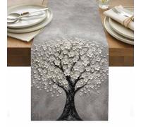 White Floral Tree Table Runner 13 x 108 Inch, Abstract Flower Blossoms Gray Trees Minimalism Washable Cotton Linen Dining Table Runner Tabletop Decorations for Restaurant Home Kitchen Party