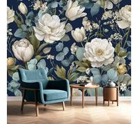 White Floral Wall Mural Eucalyptus Leaves Wallpaper Non-Woven Dark Blue Background Living Room Bedroom Kitchen Office Background Wall Covering 250 x 175 cm
