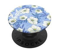 White Flower Blue Background Floral Leaves Pattern Designs PopSockets PopGrip: Swappable Grip for Phones & Tablets